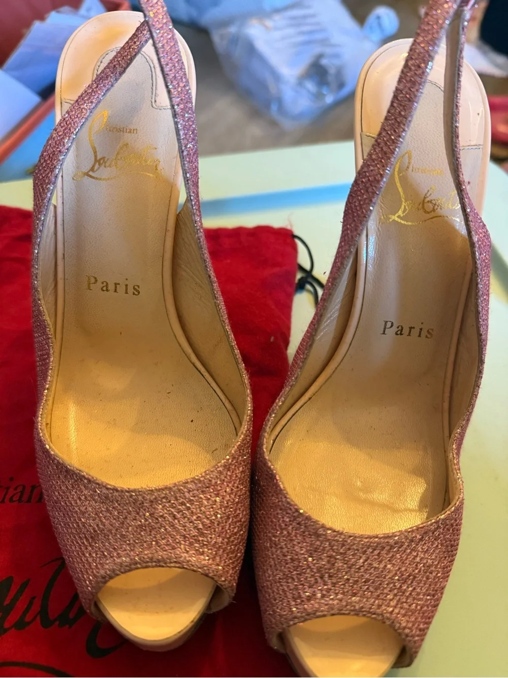 Christian Louboutin Sparkling Pink Peep-Toe Slingback Heels